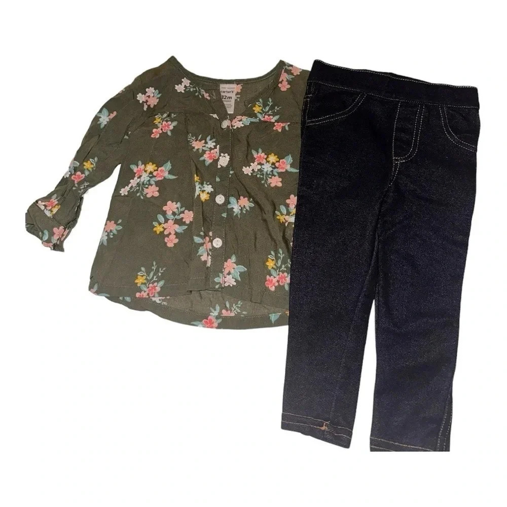 12 month shirt green floral top with  jeggins outfit.